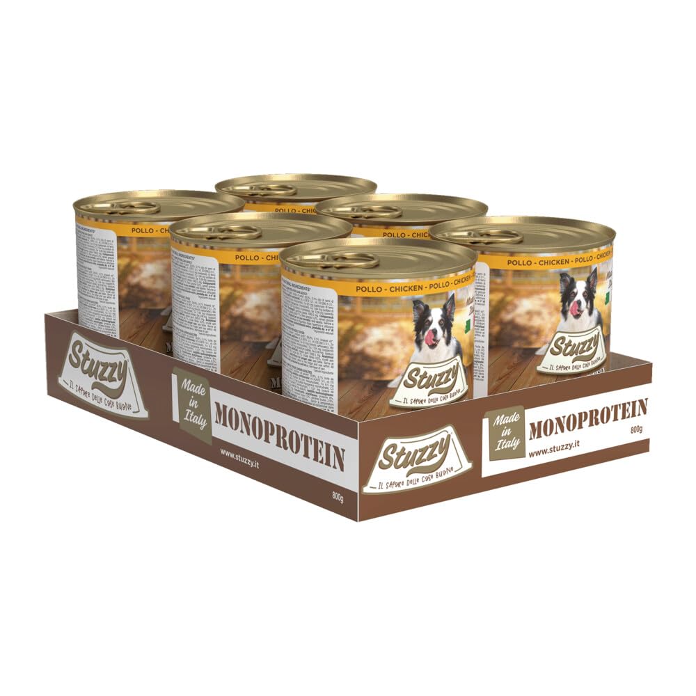 Stuzzy, Nassfutter für Ausgewachsene Hunde mit Huhngeschmack, Als Monoproteinisches Paté Zubereitet – Gesamtmenge 4,8 kg (6 Dosen à 800 g)