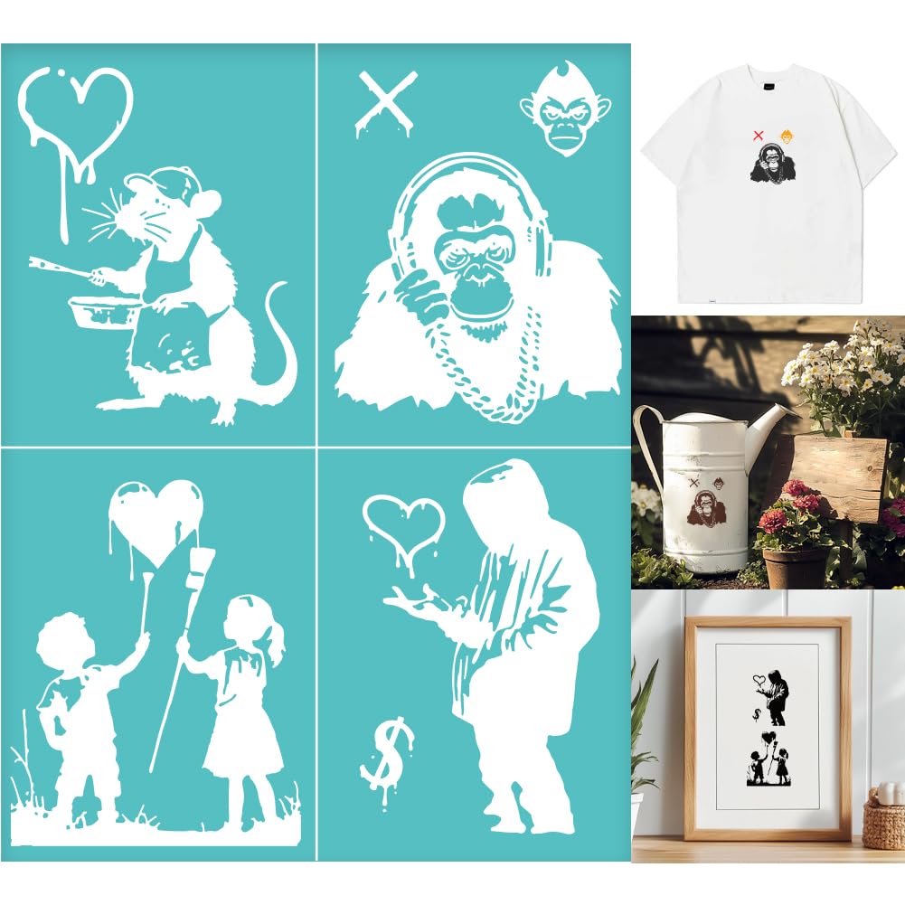 Pochoir Banksy pour sérigraphie : lot de 2 motifs autocollants réutilisables