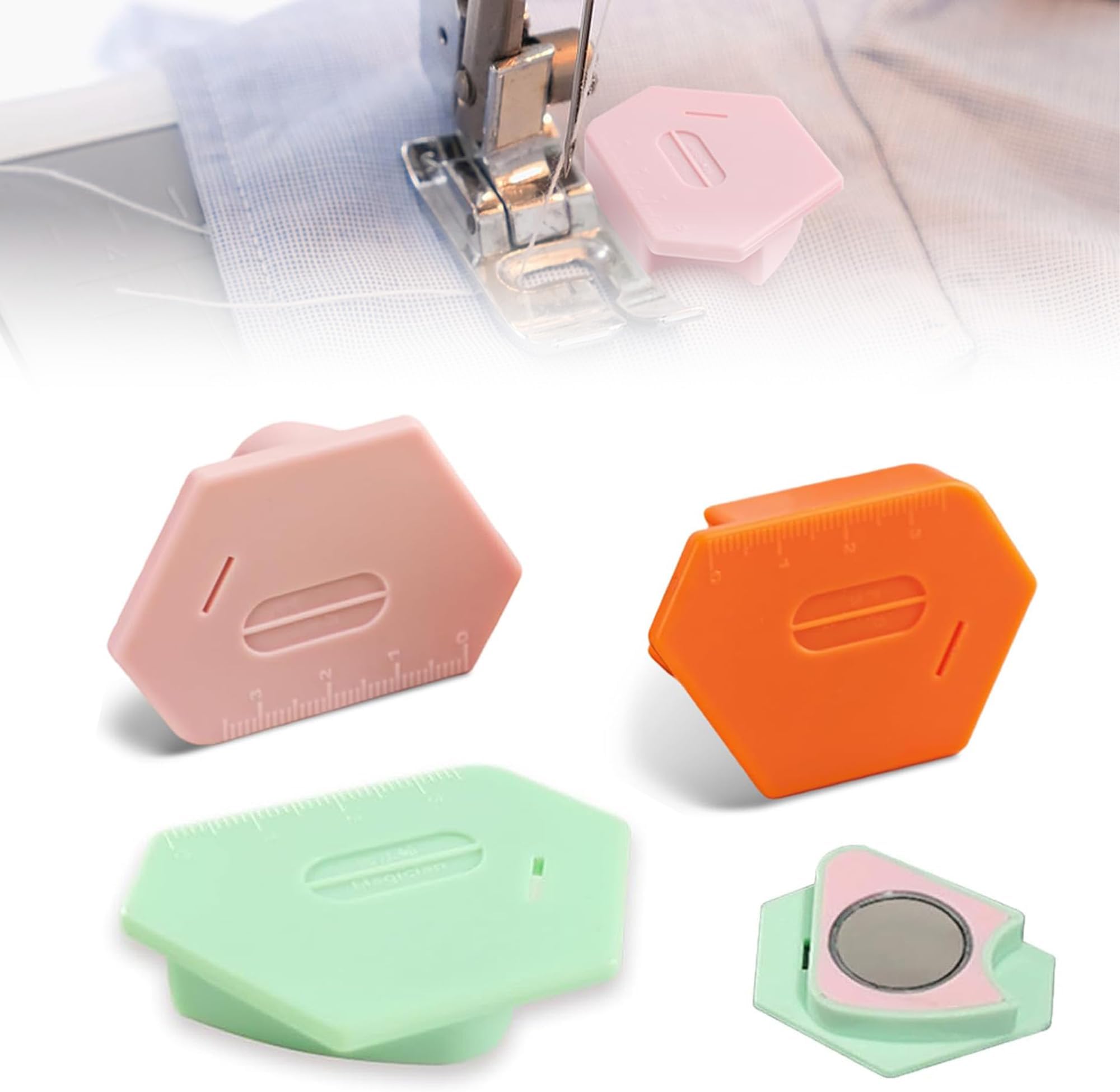 3 Pack Magnetic Seam Guide for Sewing Machine, Upgraded Multifunctional Polygonal Hemmer Guide with Scale, Universal Sewing Accessories Supplies for Magnet Making Machines (3color)