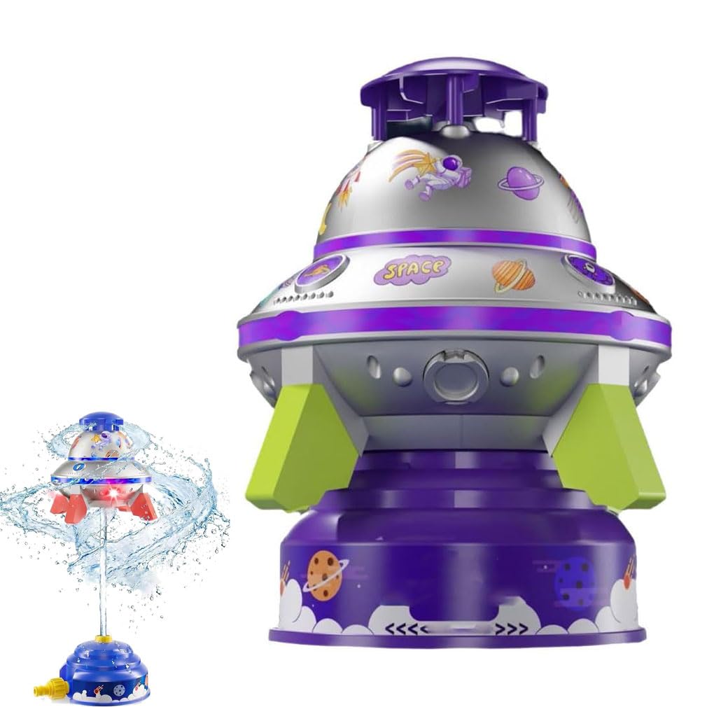 UFO Water Sprinkler for Kids, 360° Rotating Water Rocket Toy Outdoor Summer Play With Light & Stickers, Adjustable Height Water Launche, Summer Fun Water Sprinkler Outdoor Yard Toy for Kids (Purple)
