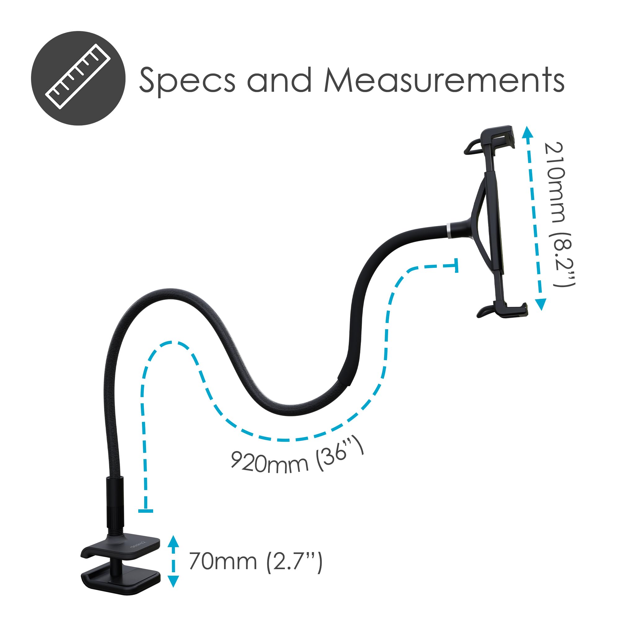 Desire2 Flow - Supporto per telefono e tablet a collo d'oca, braccio flessibile, mani libere, montaggio a morsetto