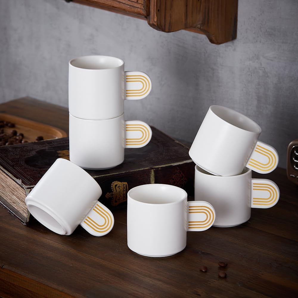 Coffeezone Set of 6 Mini Tea Coffee Demitasse Cups with Handles, 4.5 oz Ceramic Espresso Mug Set (White/Gold decal)
