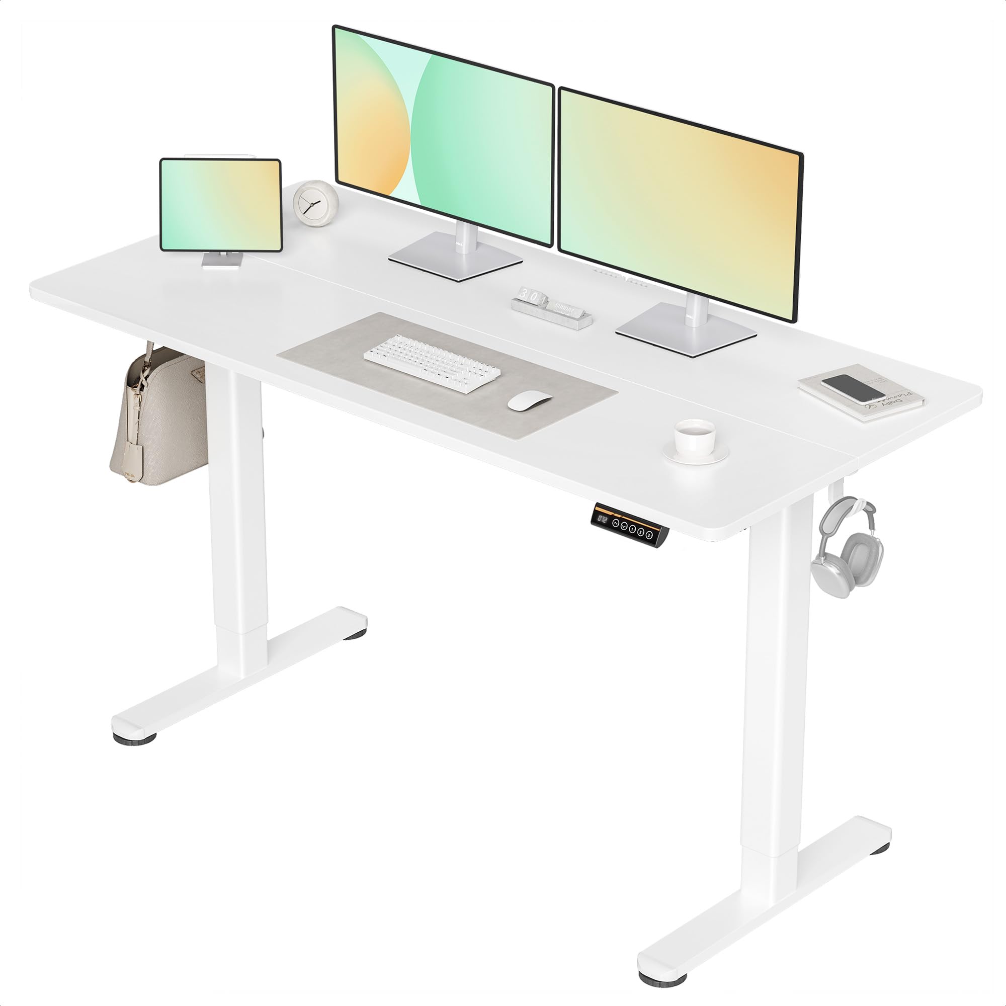 Claiks Escritorio de altura regulable 140 x 60 cm, escritorio de pie eléctrico con gestión de cables, asiento de ordenador con función de memoria y protección contra colisiones, color blanco