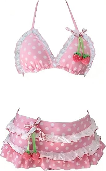 Kawaii Summer 2 Piece Y2k Bikini Set Cute Stawberry Swimsuit Women Sexy Bathing Halter Top Grunge Shorts Beach Sets