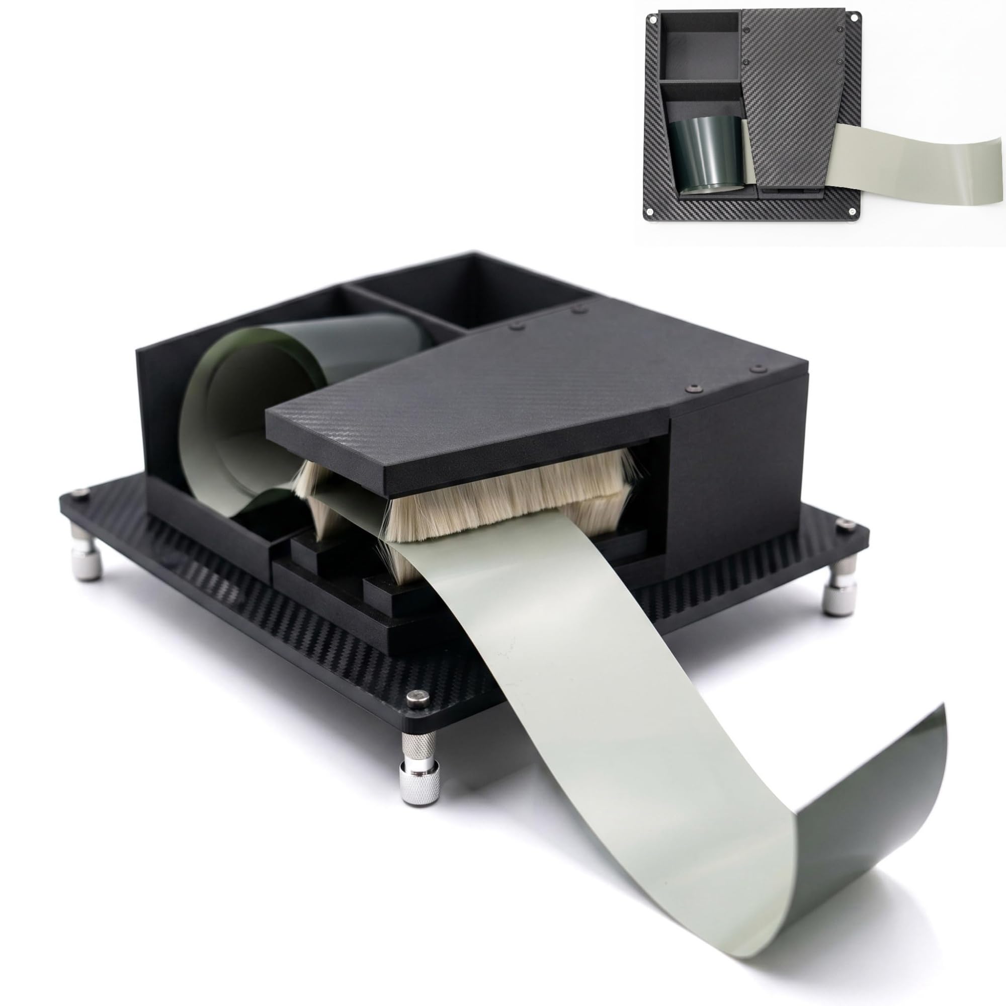 Eliminador eléctrico de Polvo para película (formatos 135 y 120), con sistemi antiestático Integrado, cepillos de cerdas Naturales Suaves y Base de Almacenamiento; Ideal para escaneo