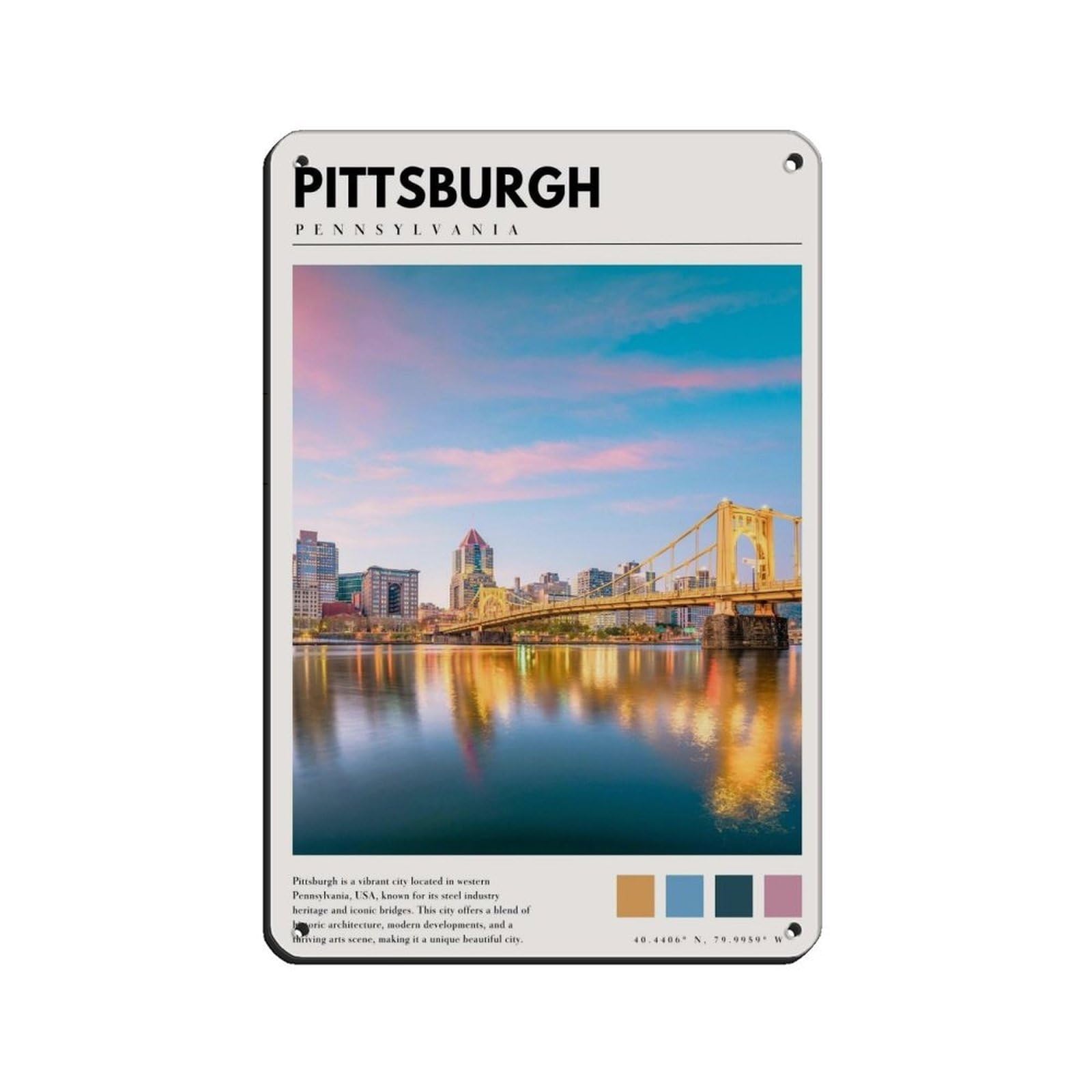 Pittsburgh Pennsylvania Poster Tin Sign Vintage Metal Pub Club Cafe Bar Home Wall Art Decoration Poster Retro 8x12inch(20x30cm)