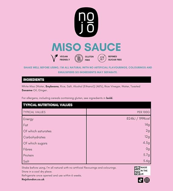 White Miso Sauce, Delicious Sweet & Savoury Flavours for Vegetables, Sir Fry, Salads | Non-GMO & No Added Sugar | Gluten & Dairy Free, Vegan | 200ml x 1 Recycled Glass Bottle | NOJO White Miso Sauce