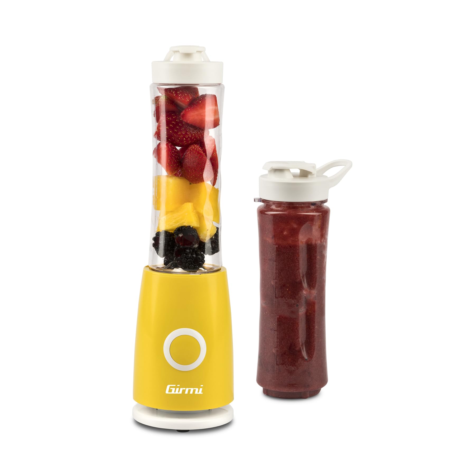 Girmi FR04 Blender Smoothie Maker, 0,5 l, 4 ostrza ze stali nierdzewnej, wolne od BPA, obsługa impulsowa, pokrywka podróżna i dzióbek, żółty/biały