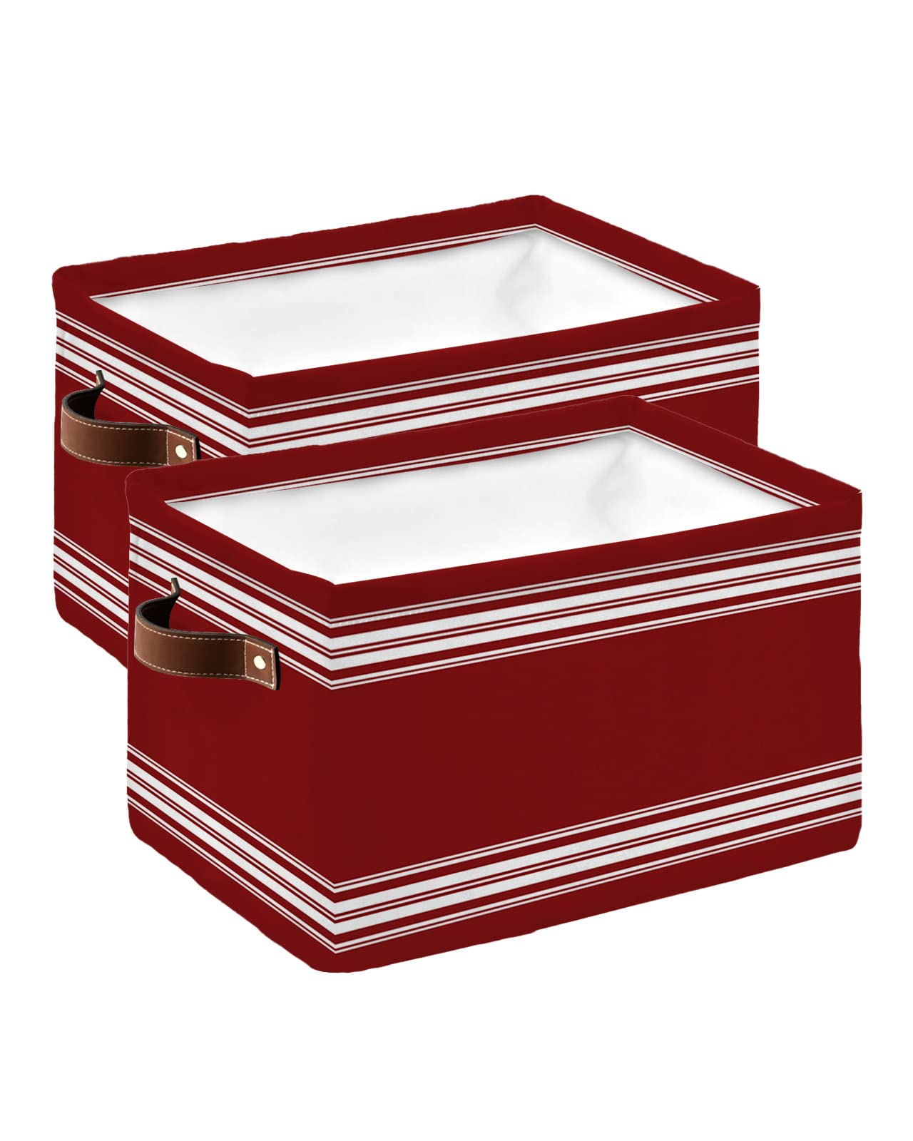 Abstract Farmhouse Stripes Cube Storage Organizer Bins with Handles,15x11x9.5 Inch Collapsible Canvas Cloth Fabric Storage Basket,Geometric Burgundy
