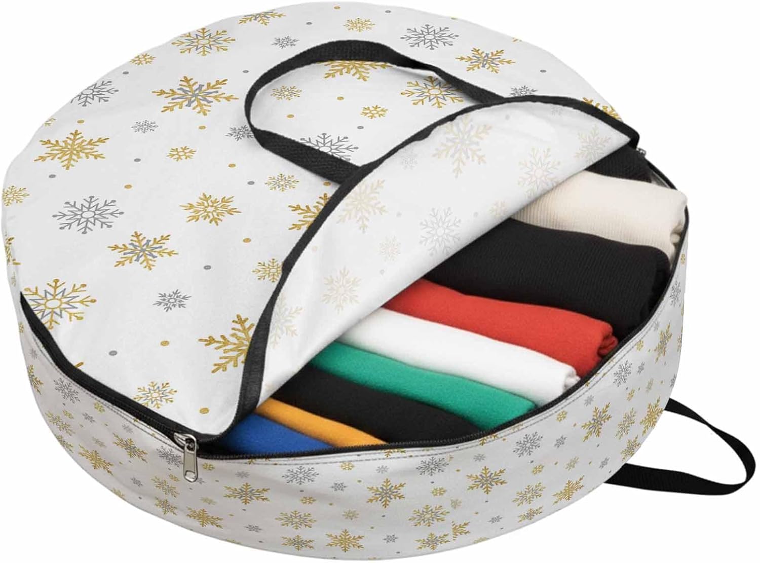 Christmas Gold Round Storage Bag 36 Inch, and Grey Snowflake White Clothes Storage Container with Handles Heavy Duty Organizer for Comforter, Bedding & Holiday Wreaths