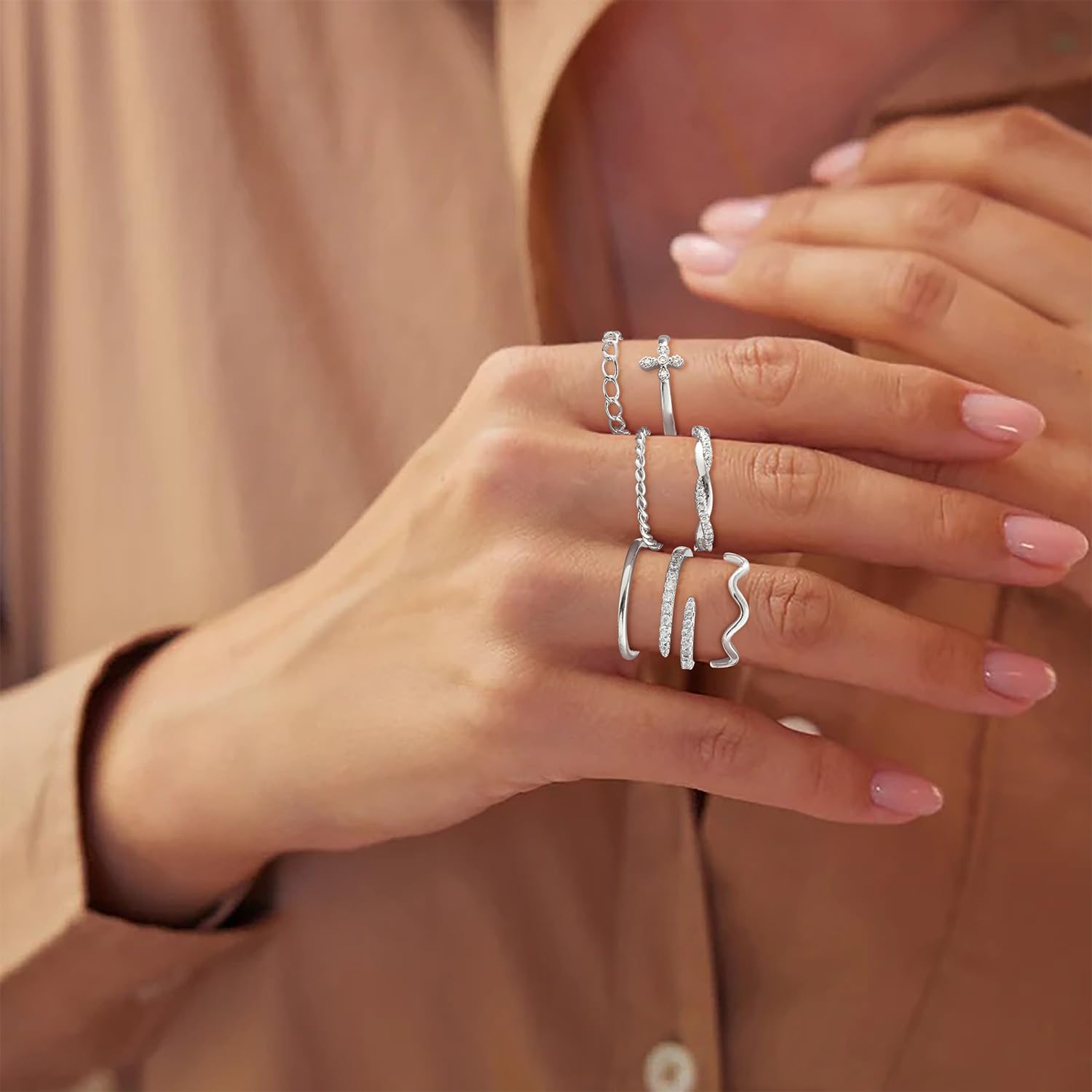 Honsny 14K Gold Plated Stacking Rings Set for Women, Stackable Knuckle Thumb Rings Thin Dainty Silver Rings for Women Wedding Eternity Band Simple Rose Gold Ring Size 4-11 - Image 4