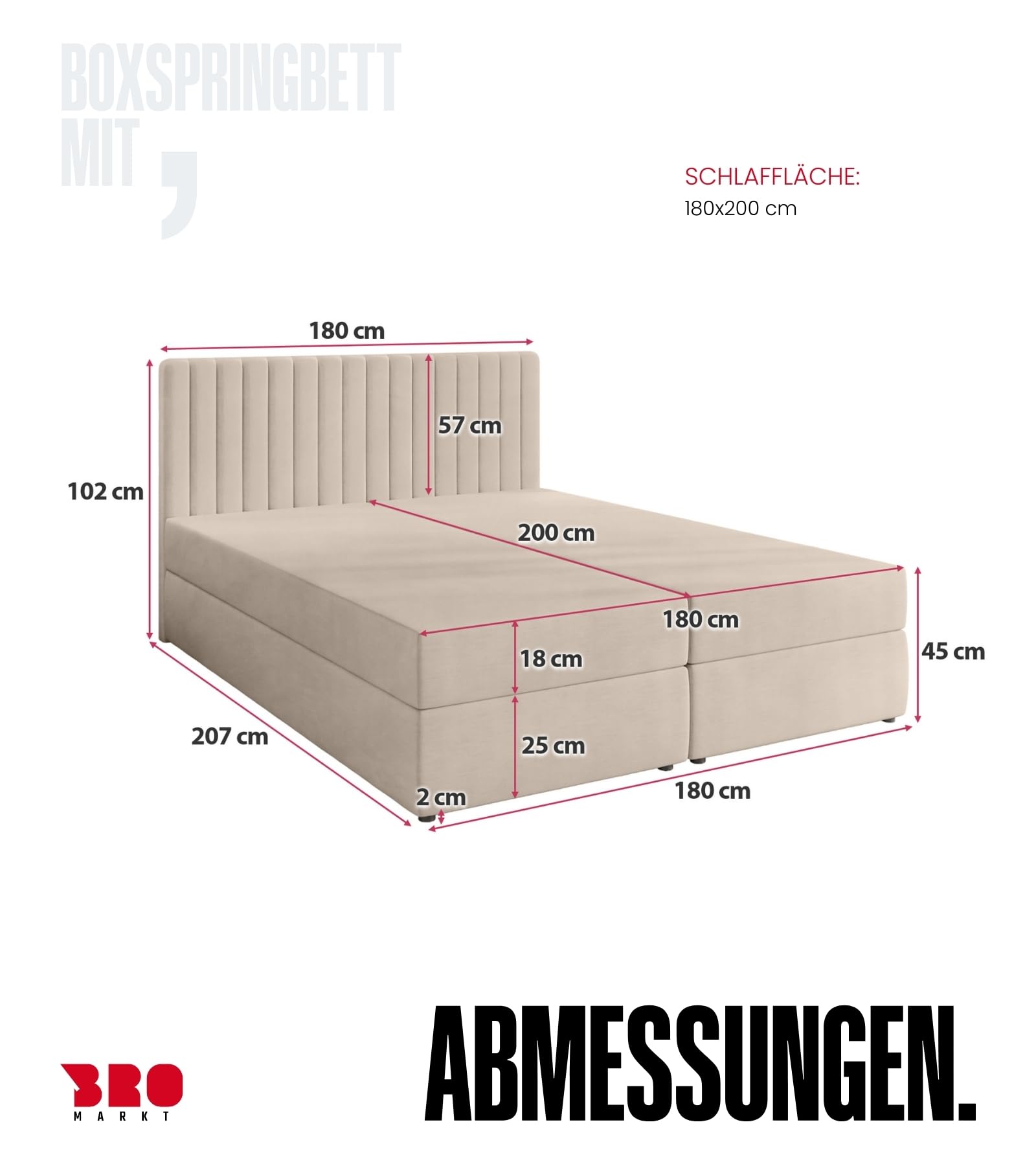 BROMARKT Boxspringbett 180x200 mit Bettkasten Topper Härte H3 Beige