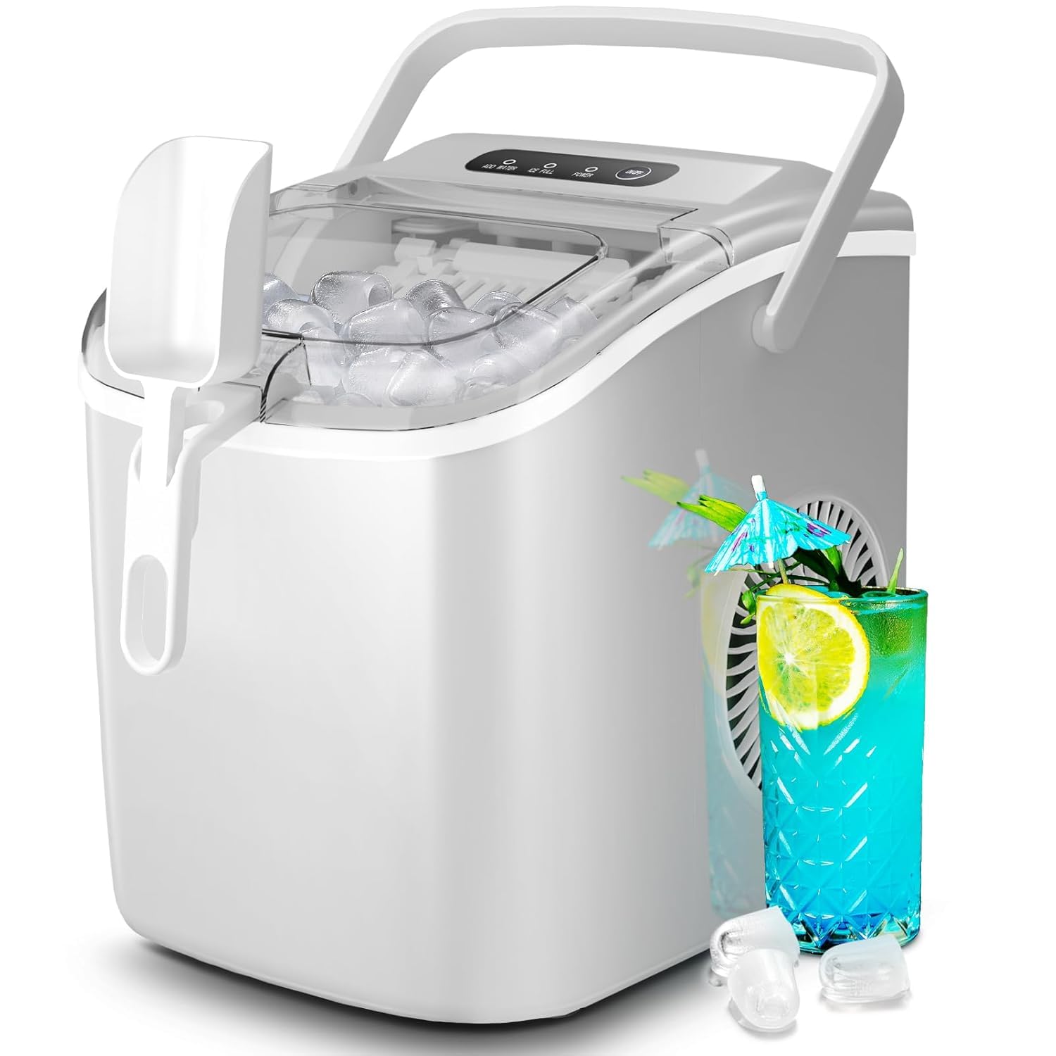Kismile Ice Makers Countertop,26Lbs/Day,9 Pcs/6 Mins,Portable Countertop Ice Maker Machine with Self-Cleaning,Ice Basket Handle,Ice Scoop for Home Use(White)