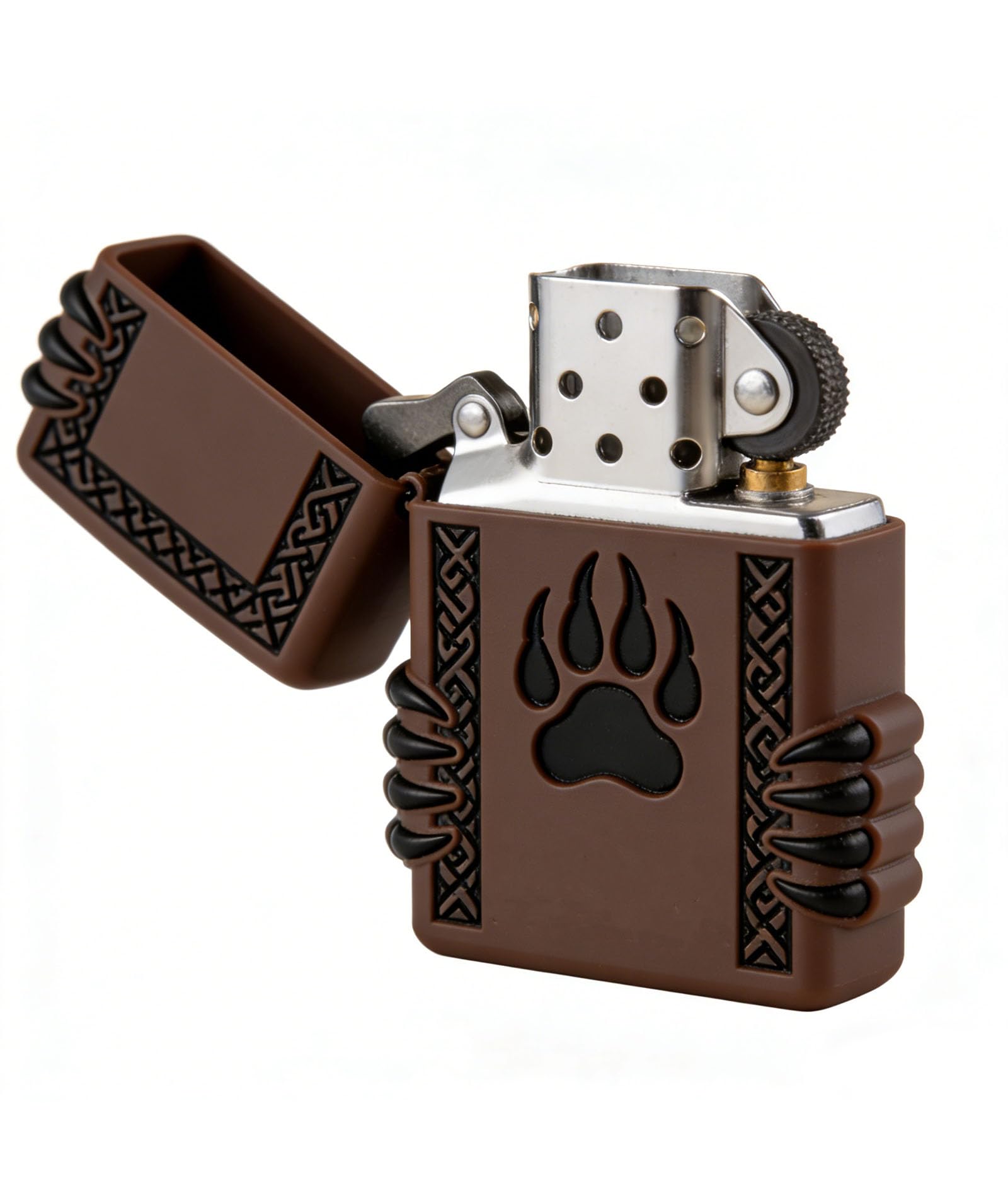 Bear Paw Carved Reusable Kerosene Lighter Vintage Flip Top Grinding Wheel Open Flame Kerosene Lighter for Men Dad Husband (B)