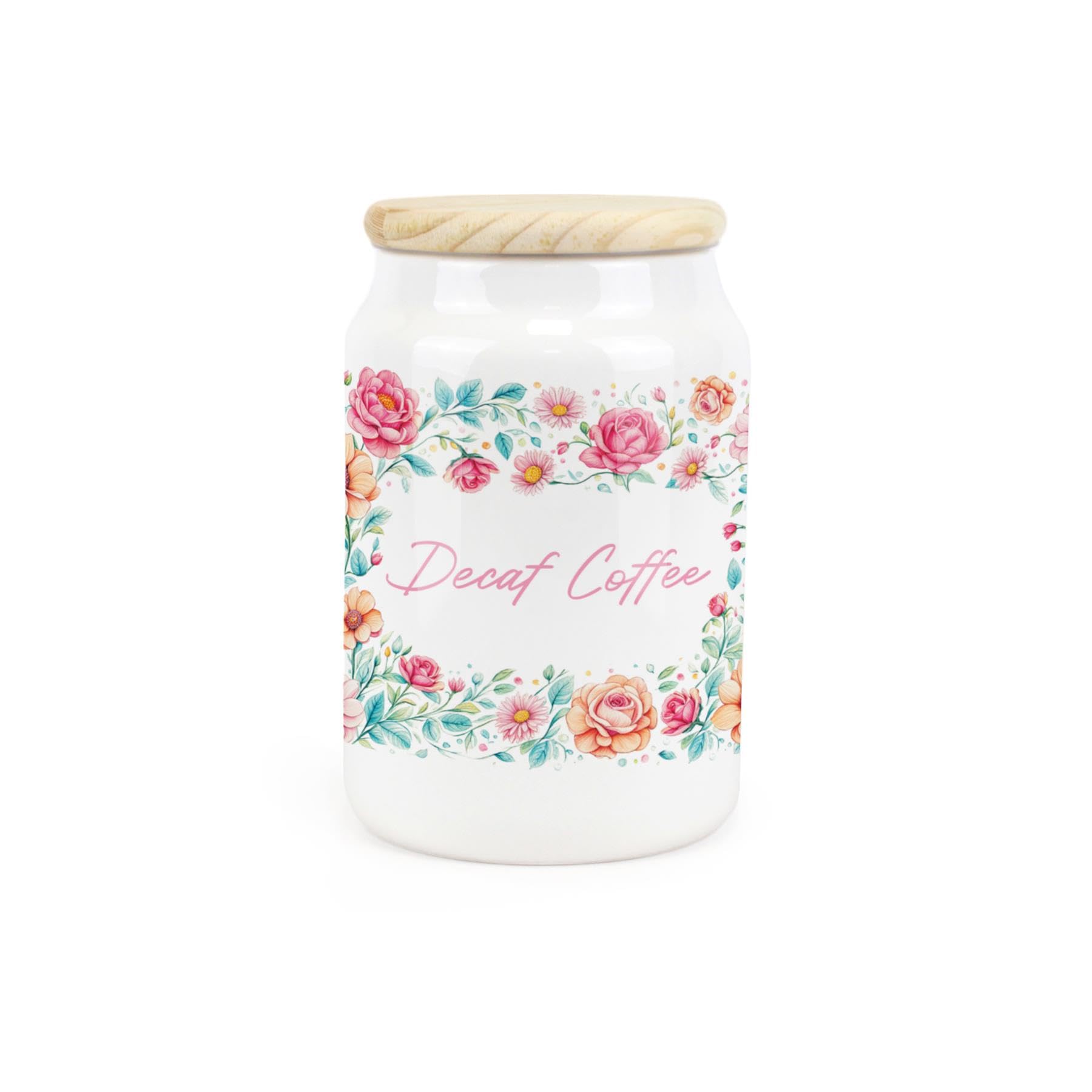 Purely Home Flower Border Ceramic Decaf Coffee Storage Canister - Floral Artwork Kitchen Food Storage Container & Wooden Lid 600ml (14.5cm x 9.5cm)