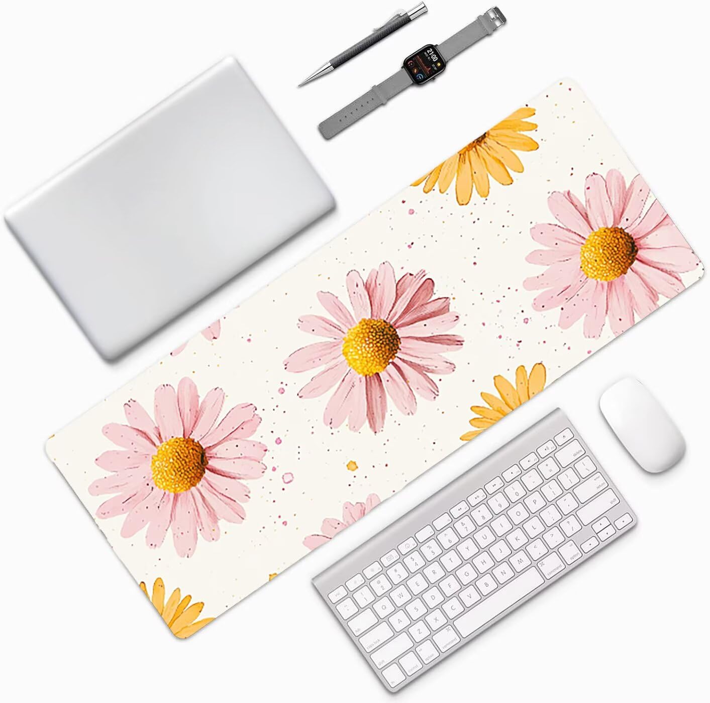 Lpfieonn Blume Schreibtischunterlage XXL, Beige Schreibtischunterlagen Großes, Gaming Mousepad XXL mit ernähter Rand und Rutschfeste Gummibasis, Desk Mat für PC/Laptop/Mausa 120x60cm PF-2386