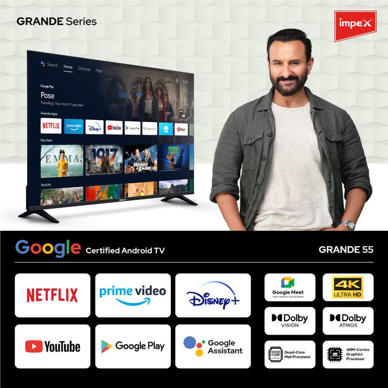 Image of Impex 55 inch Smart TV (139 cm) Google Certified Smart Android 10 4K Ultra HD LED TV Grande, HDR10 Bezel Less TV, 1 Years Doorstep Warranty, Storage Memory 8GB and 1.5 GB RAM