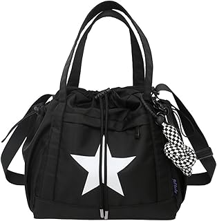 Y2K Aesthetic Crossbody Bag with Pendant Star Grunge Tote Bag Drawstring Bucket Bag Multi Pockets Shoulder Bag (Black,One Size)
