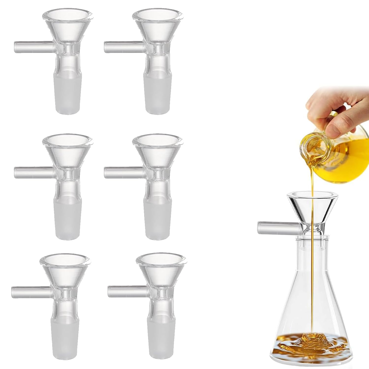 RETYGFC 6-Pack Borosilicate Glass Funnels with Handle - Heat-Resistant, Drip-Free Short Stem for Lab, Kitchen & Crafts