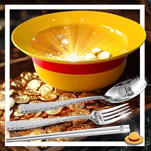 shiningsoul Ceramic Anime Style Straw Hat Ramen Bowl Set, Hammered Stainless Steel Fork & Spoon, Good ideal Gift Anime Merchandise for OP