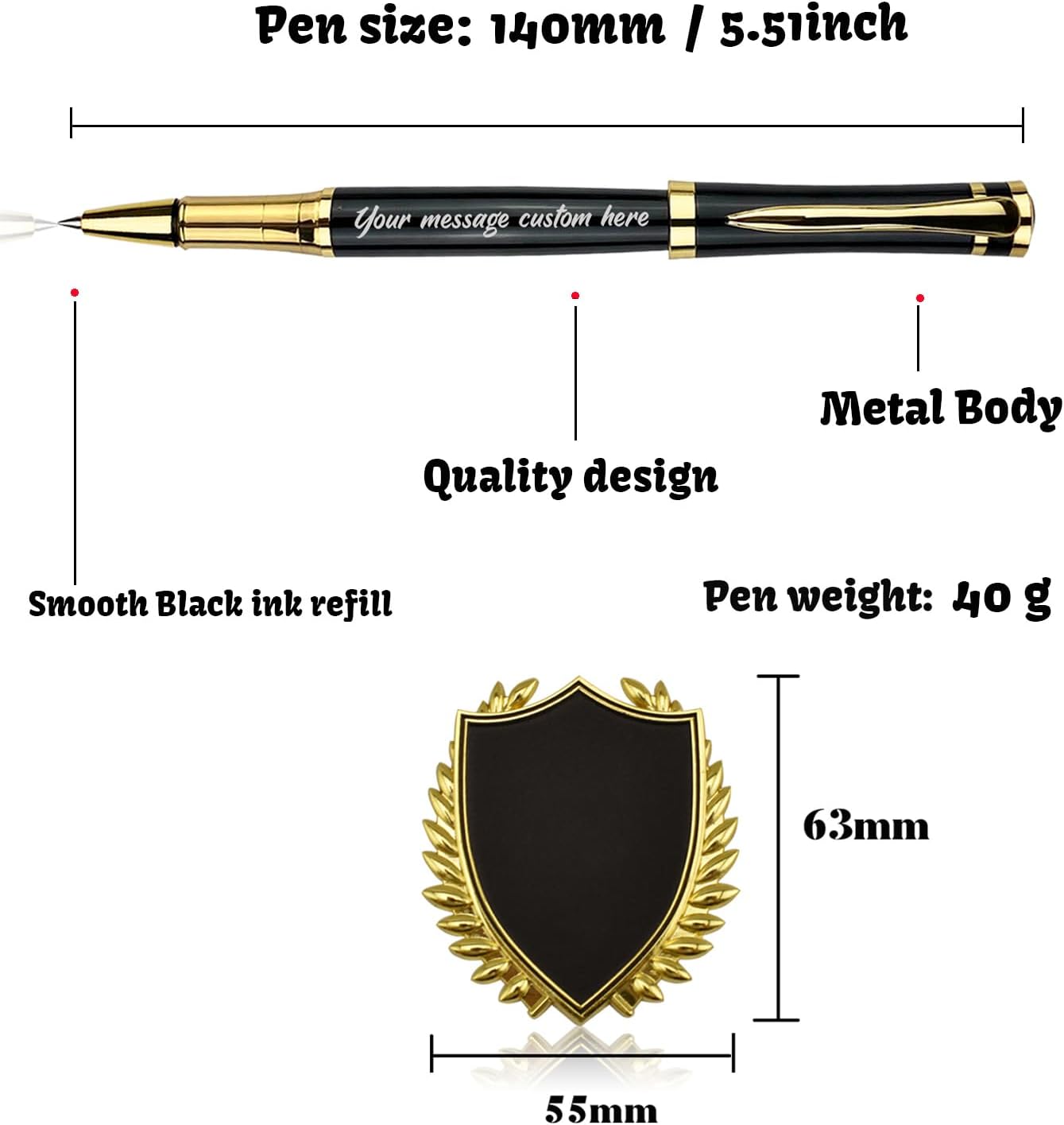 Yastar Customised Pens with a Custom badge - Souvenir Gift Set with Gift box 2 extra Black Refills Engrave any Message on the Pen Gift for Christmas Father's day Graduation Wedding Gifts