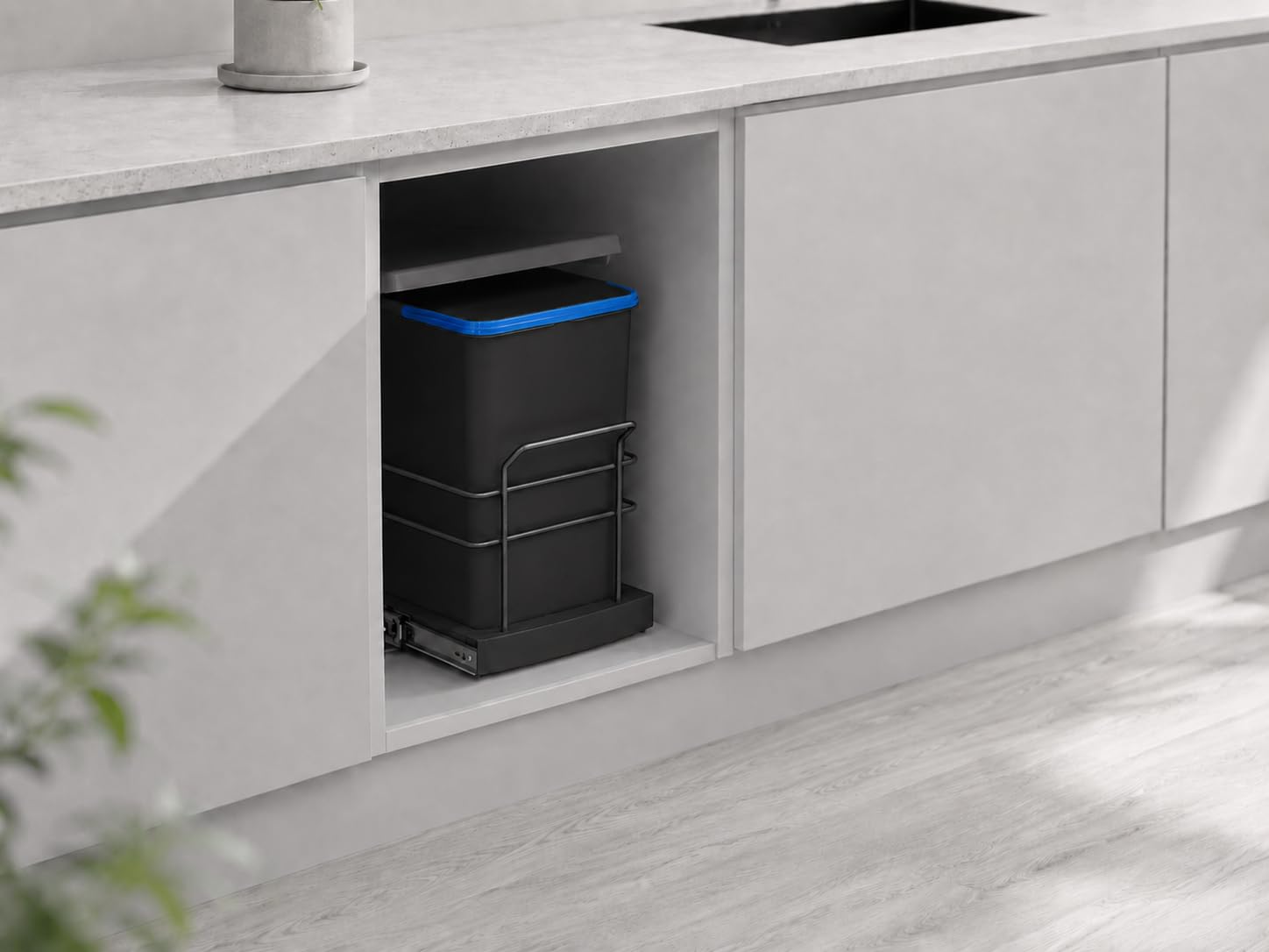 ROOMART Einbau-Mülleimer Küche ausziehbar 2x12L Mülltrennsystem Unterschrank Hellgrau Schwarz (Schwarz)