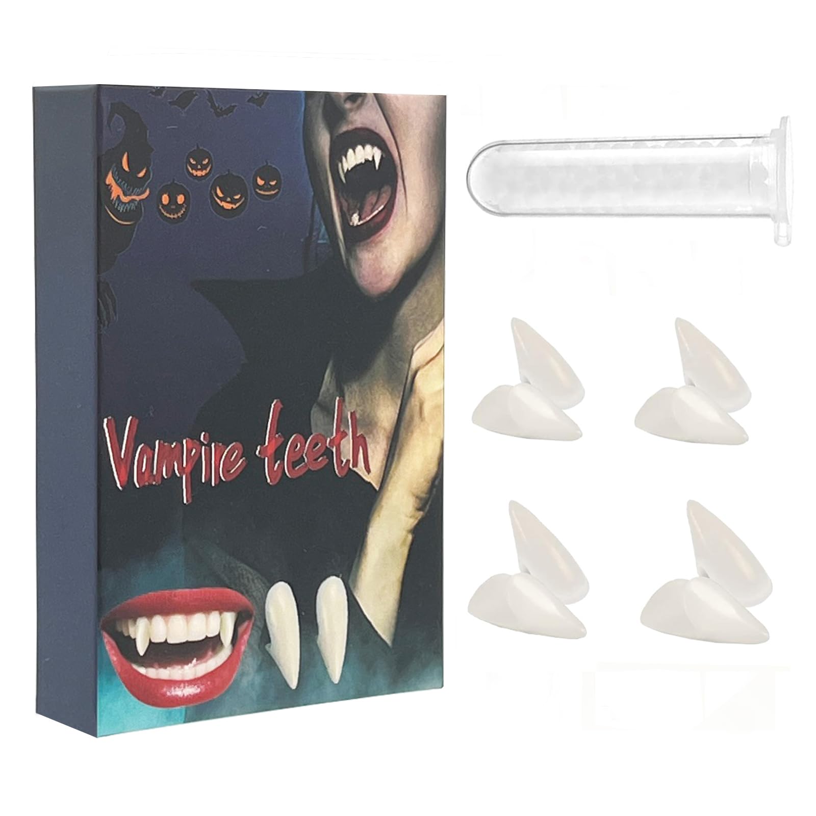 Xinfuquan Vampire Teeth, 5 Pieces Vampire Catches Kit, 4 Sizes Custom Fangs Vampire Teeth Fake Dentures with 1 Tube Teeth Pellets Adhesive, Halloween, Vampire, Zombie, Demon, Witch Cosplay Party Props