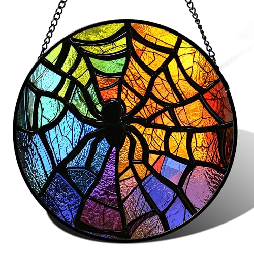 Image of Stained Glass Suncatcher, Colorful Spider Sun Catcher Black Insect Stain Glass Window Hanging Decoration Mother's Day Birthday Gifts for Women Men Mom Nana 6.3 in