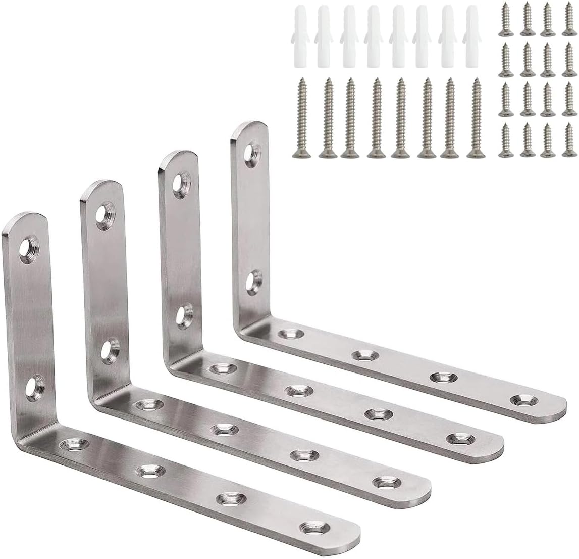 L Bracket With Screws, 4 Pcs Heavy Duty Angle Bracket,Max Load: 20Kg,90 Degree Stainless Steel Right Easy To Install Shelf Brackets, Suitable For Acrylic Wood Board Support