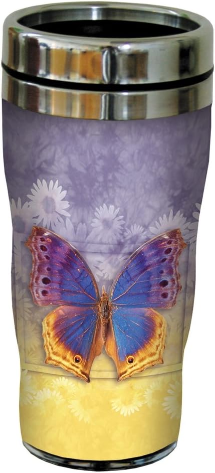Tree-Free Greetings Vibrant Butterfly #3 Travel Mug, Stainless Lined Coffee Tumbler, 16-Ounce - Gift for Nature Lovers - Tree-Free Greetings