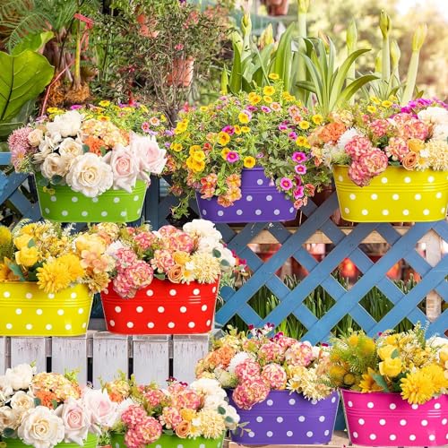 Image of 12 INCH Anti Rust Railing Oval Planter for Balcony & Garden with Detachable Handle | Hanging Flowerpot Holder | Metal Wall Planter for Indoor and Outdoor Decor (Multicolour Polka Dot, 4)