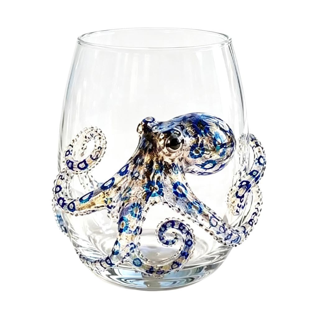 Artisanal Blue Ringed Octopus Glassware, Ocean Octopus Drinking Glass Barware, Handmade Nautical Cocktail Cup, Marine Animal Inspired Ocean Decor for Home Bar Gift