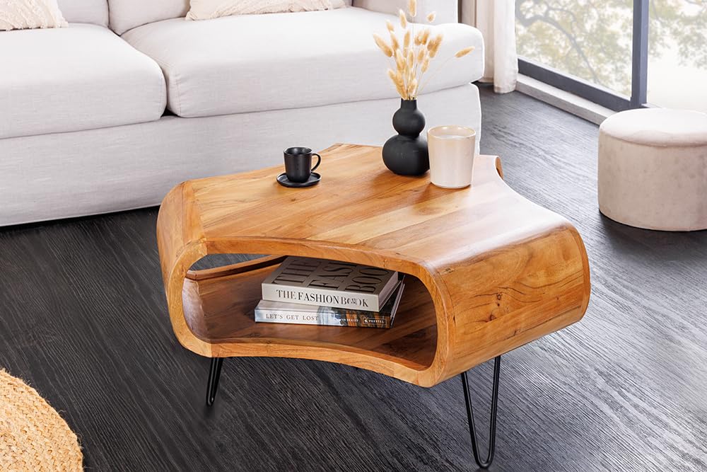 Riess Ambiente Couchtisch Organic Living 70cm - schwarz braun - Akazienholz | Massiv, Stauraum, hochwertig, individuelle Maserung, natürliche Optik, Hairpin-Design, Ablagefach, Metallgestell