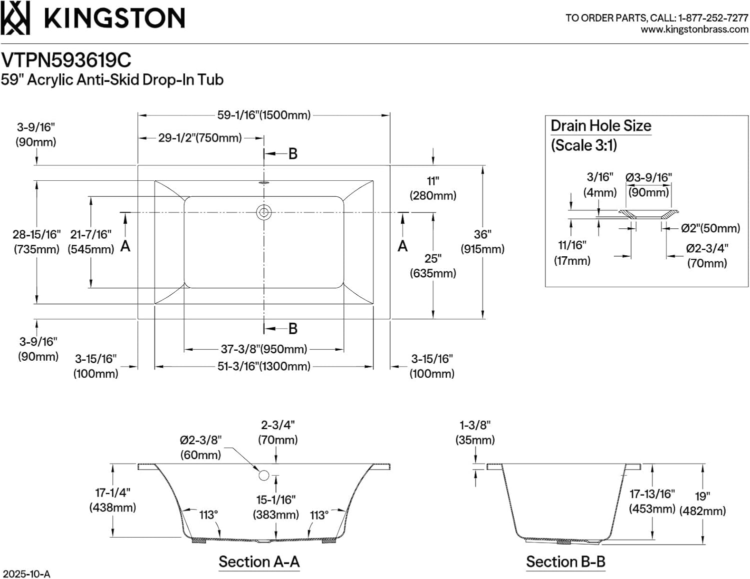 Aqua Eden VTPN593619C 59-Inch Acrylic Drop-In Tub with Reversible Drain, Glossy White