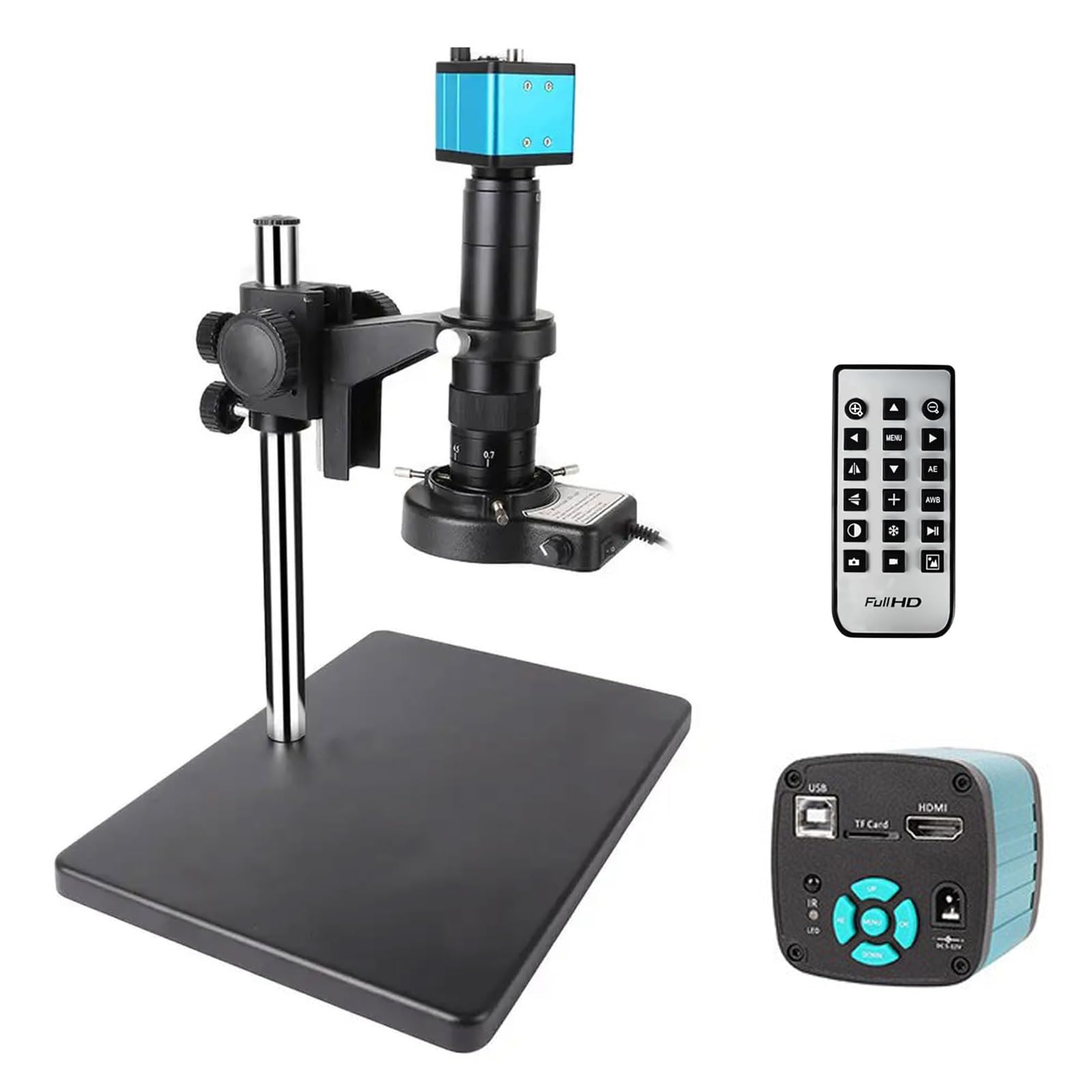 Set di microscopi video digitali, kit di accessori per telecamera elettronica USB HDMI 4K con telecomando e luce ad anello a LED, obiettivo grandangolare 180x, con slot per schede TF
