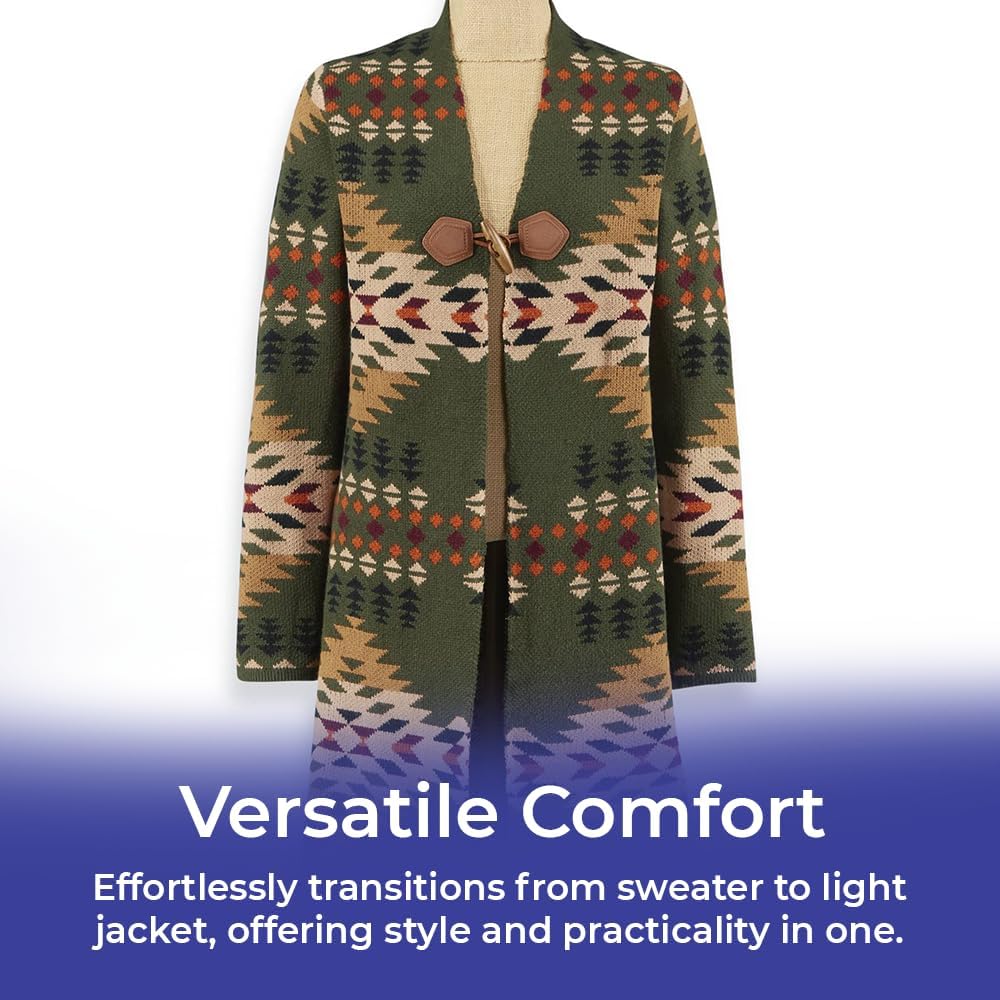 SAGEFINDS Women's Long Cardigan Sweater – Open Front Retro Geometric Print Jacket, Long Sleeve Fall Casual Coat