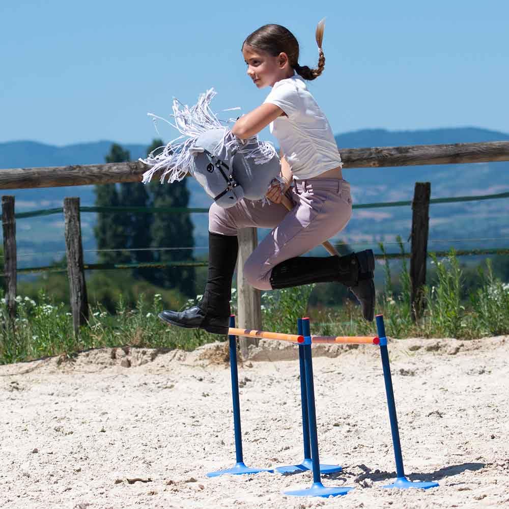 Hobby Horse Grigio A3, cavallo bastone completo di rete, morso, redini e cuffia anti-insetti blu. Testa di cavallo bastone per Hobby Horsing bambini e adolescenti