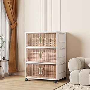 EZPEAKS 3-Tier Collapsible Large Storage Bins with Lid and Wheels, 25.6 X 15 X 12.6 in Each, Stackable Folding Storage Cabinet for Home, Kitchen, Office, Closet Organizer, Cube Storage Containers