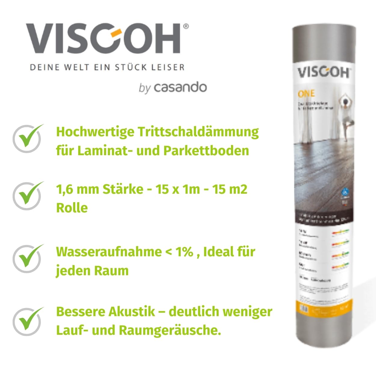 Trittschalldämmung für Klick Vinyl, Laminat & Parkett - 12,5m² bis 15m² Rolle - reduziert Lärm, schützt vor Feuchtigkeit - Einfache Verlegung -1,6 mm Unterlage für Parkettboden & Laminatboden