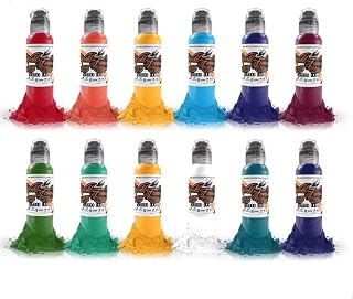 World Famous Tattoo Ink - 12 Primary Color Tattoo Kit #3 - Professional Tattoo Ink in Color Assortment, Includes White Tattoo Ink - Skin-Safe Permanent Tattooing - Vegan & Non-Toxic (1 oz Each)