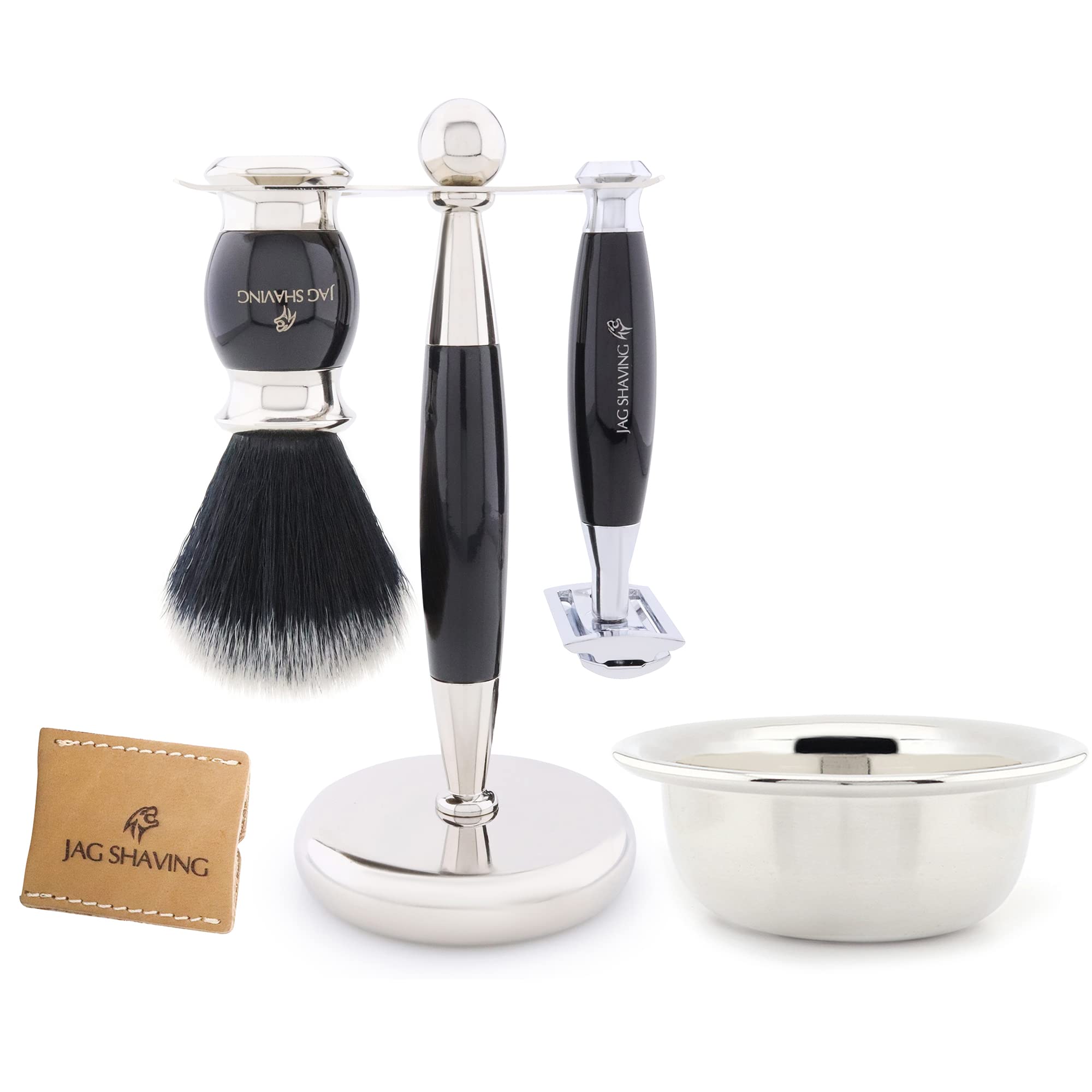 Jag Shaving Zestaw do golenia – 5-częściowy zestaw do golenia – JAG's LEE Range – czarny pędzel do golenia z włosia syntetycznego – podwójne ostrza do golenia – miseczka do golenia – stojak na golenie – pokrowiec skórzany – czarny