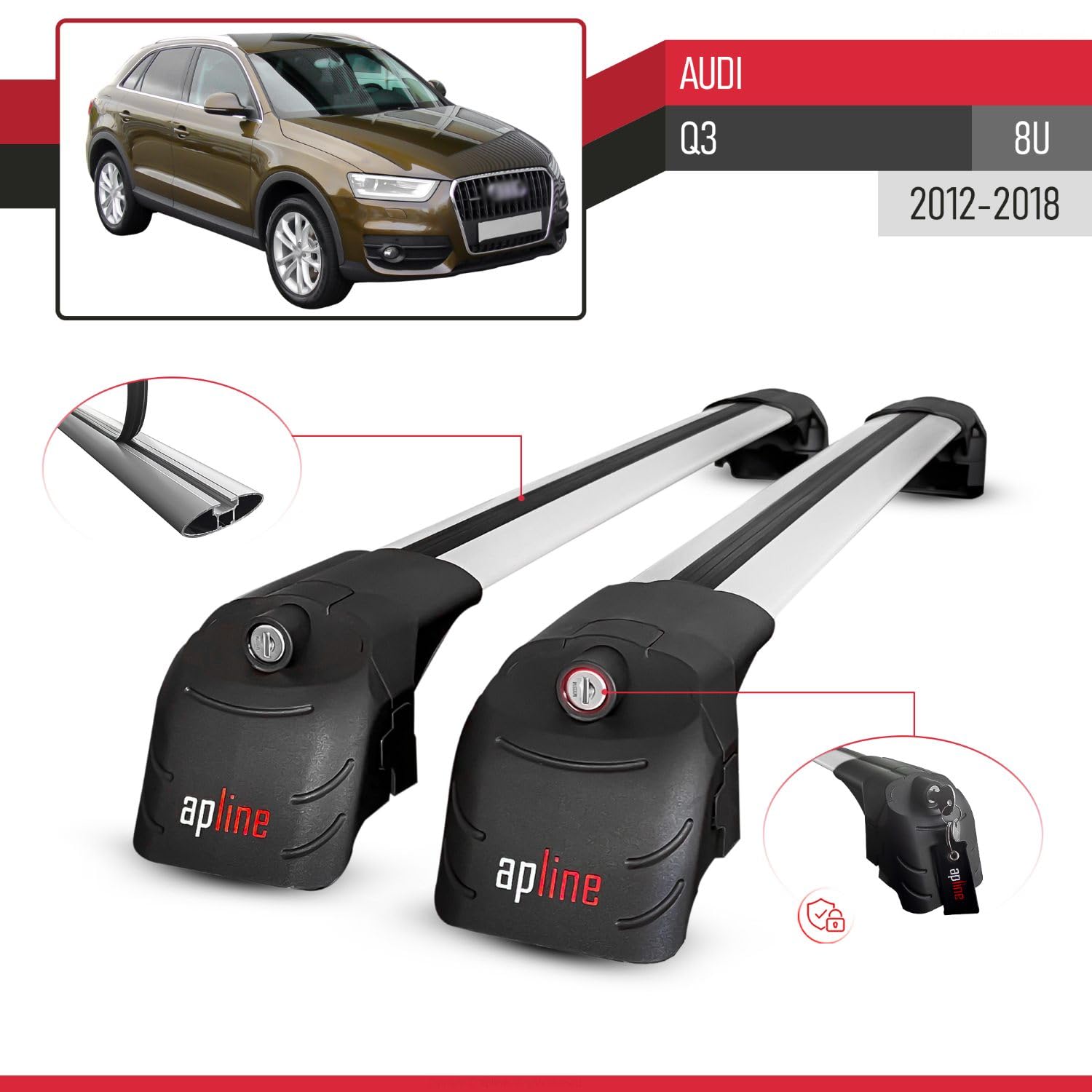Compatible con Audi Q3 (8U) 2012-2018 Modelo Ace-2 Barra de Techo Auto Portaequipajes Barras Transversales Gris Aluminio 2 Barras