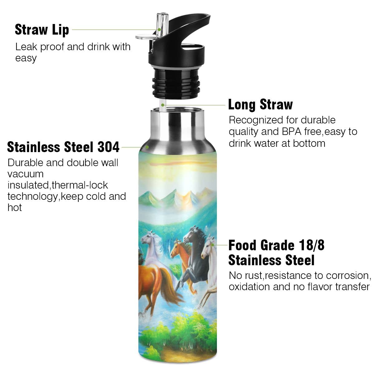 Edelstahl Wasserflasche mit Strohhalm, Pferdemalerei Isolierte Trinkflasche Sport Wasserflasche für Kinder Erwachsene, auslaufsicher, 1L