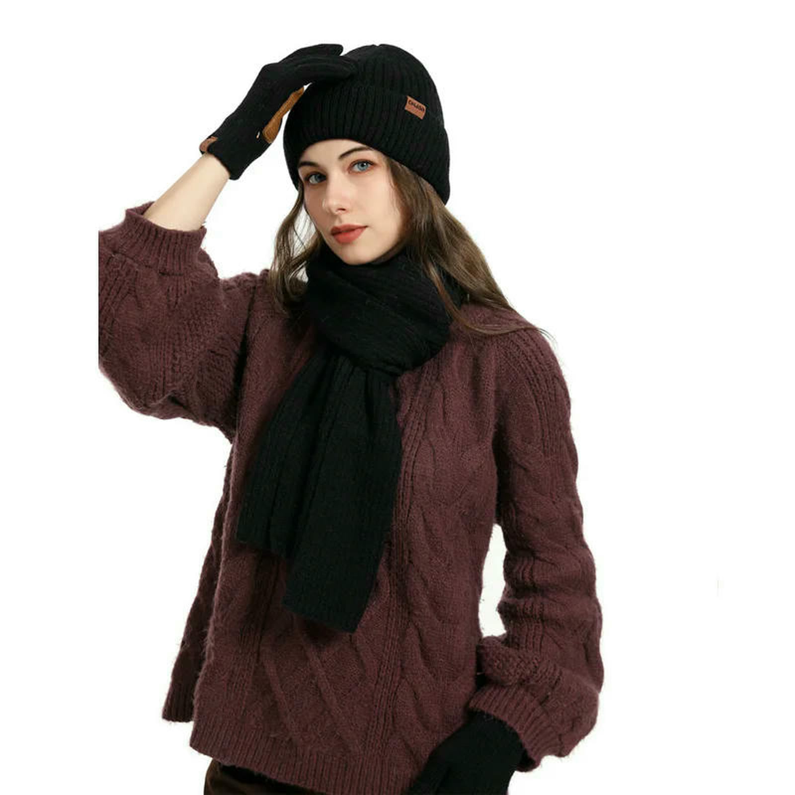 Mütze,Schal & Handschuh-Sets 3 Teile Satz Winter Frauen Beanie Hut Lange Schal Handschuhe Set Warme Gestrickte Für Außerhalb Sport Skifahren Laufen-Burgund-einheitsgröße