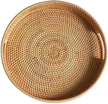 Handmade Round Rattan Wicker Serving Tray with Handles Natural, 30 cms