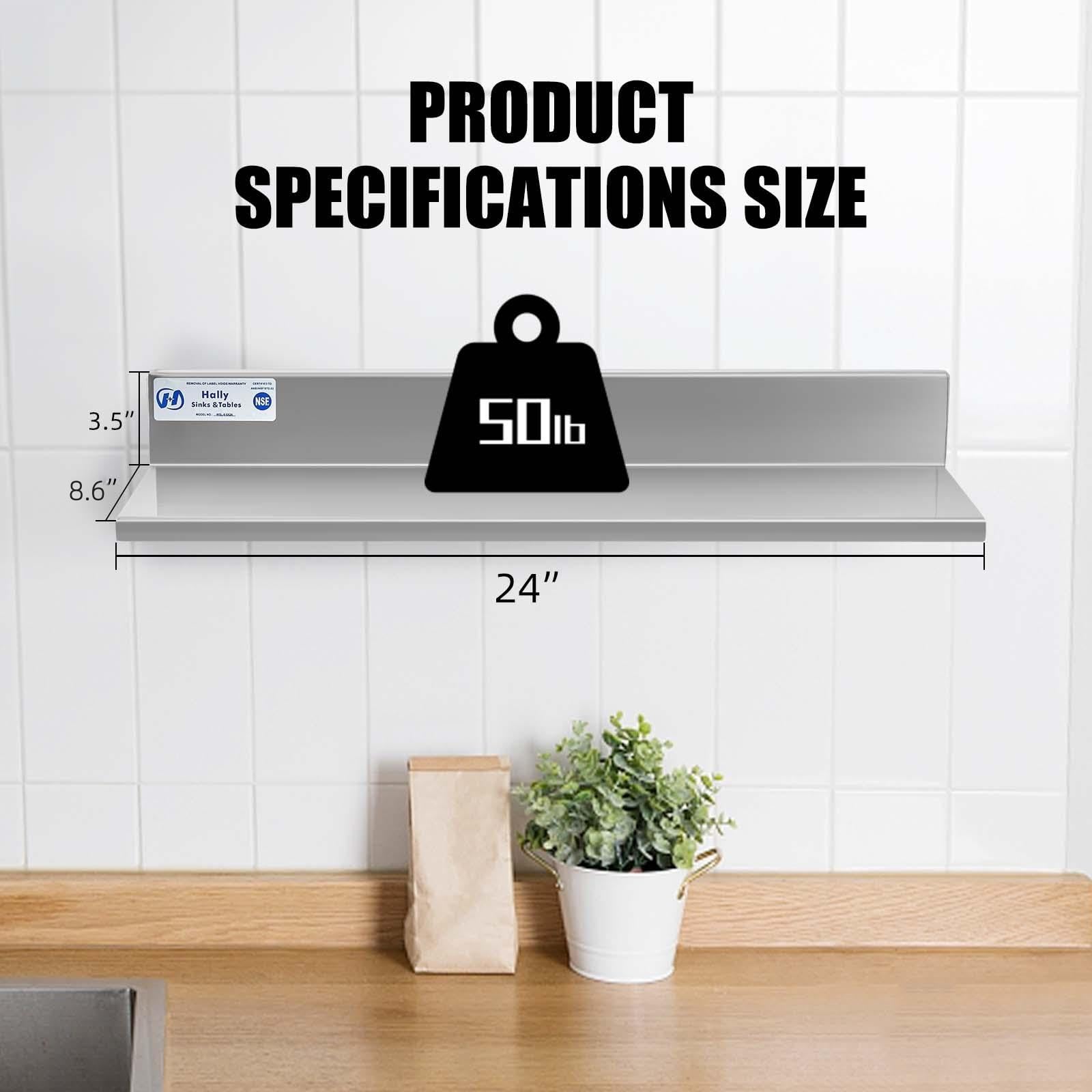 Hally Edelstahl-Wandregal, 21,6 x 61 cm, 22,7 kg, NSF-kommerzielle Schwerlast-Wandhalterung, schwebendes Regal für Restaurant, Küche, Zuhause, Hotel und Bar, 2 Stück
