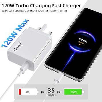 120W Fast Charger Plug for Xiaomi 17 17T Pro Max Ultra POCO F8 F7 X8 Pro | Wall Charger Turbo Charging for Mi 17 15 14T 13T Redmi Note 15 14 13 Pro 13 12 Lite POCO X6 M6 GT Pad 8 7,With 1M USB C Cable