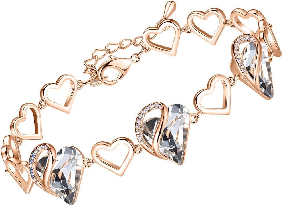 Leafael 18K Rose Gold Plated Love Heart Link Bracelet with Healing Stone Crystal, Jewellery Gifts for Women, 7" Chain + 2" Extender