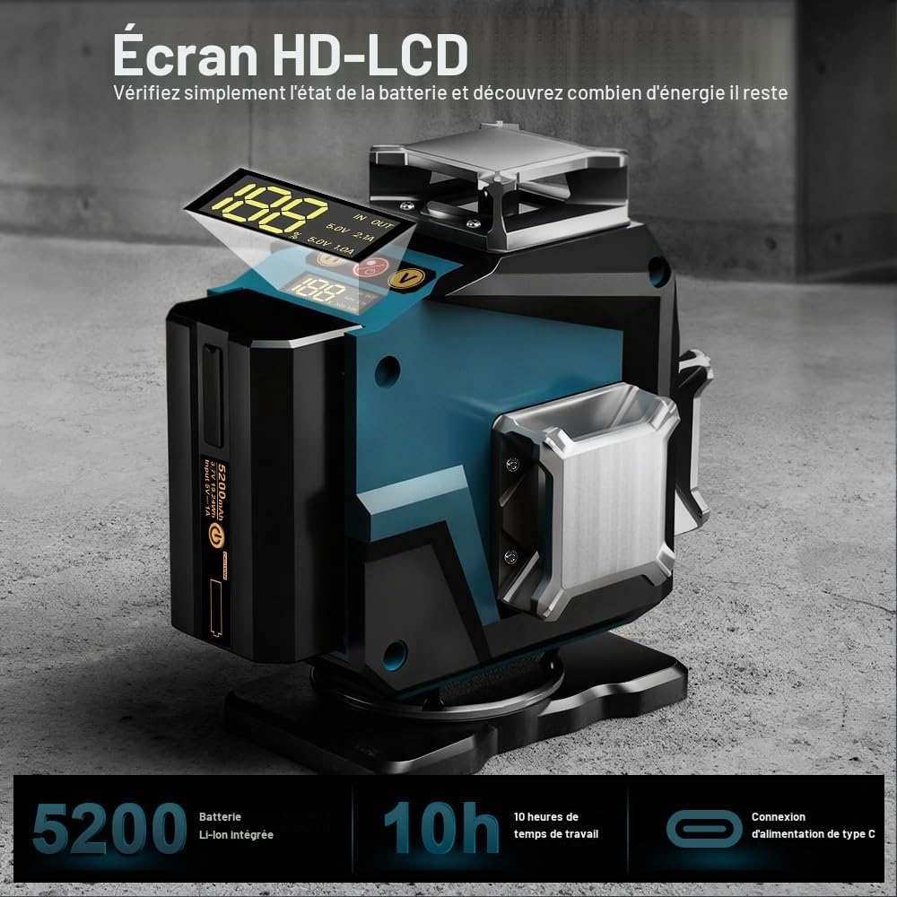 Niveau Laser Autonivelant 360° x 4, Laser Chantier Avec trépied, 4D 16 Lignes Lazer Niveaux Vert, 2 Batteries Lithium 5200mAh et Télécommande, Pour Décoration de Maison, Construction de Bâtiments