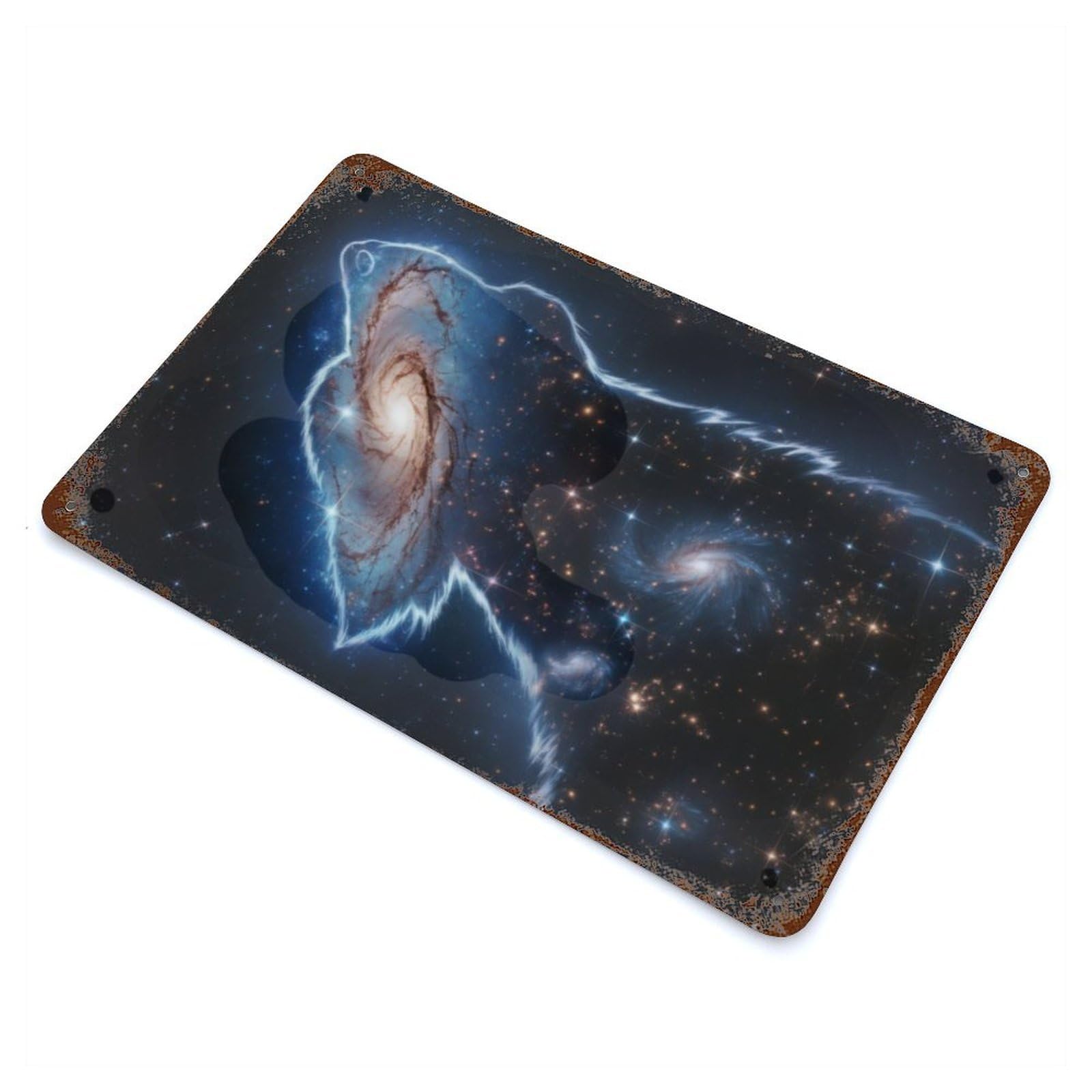 Distressed Metal Wall Sign Wolf Galaxy 11.8"x7.9", Vintage Wall Decor for Garage, Bar And Workshop Decor